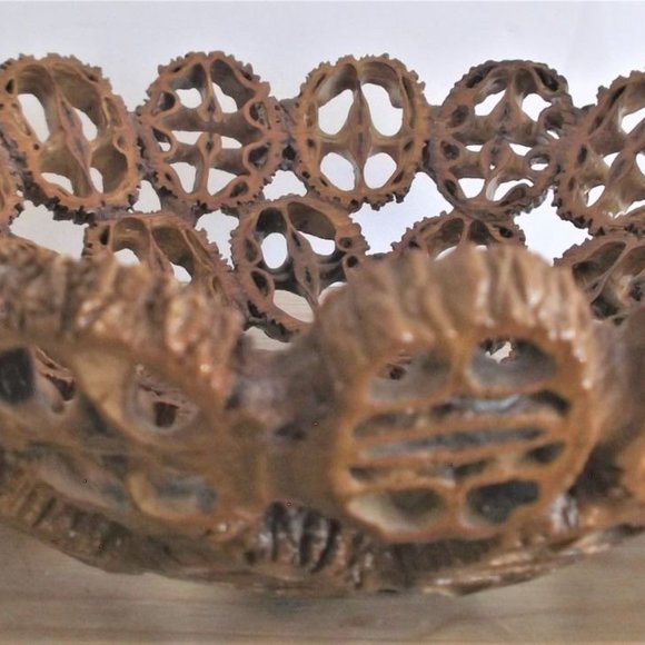 Vintage Sliced Walnut Shells Bowl, Unique Tramp Folk Art - Picture 2 of 5